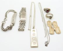 Two silver bracelets, silver ingot, pair of silver cufflinks, two silver rings etc