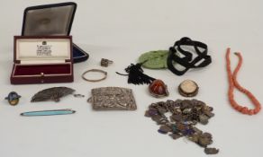 Thai silver brooch, pressed amber brooch, cameo brooch, silver charm bracelet, enamel brooch, silver