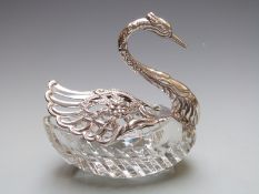 Hallmarked silver mounted glass novelty salt formed as a swan with articulated wings, import marks