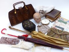 IRV crocodile or alligator skin handbag, beaded evening bags, Carte Visite, parasols including one