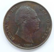 William IV 1837 copper penny, bare head obverse, Britannia reverse, plain edge, some striking