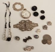 A white metal buckle, silver pocket watch, jet brooch, Victorian hallmarked silver brooch, one