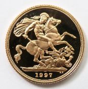 Elizabeth II 1997 gold full sovereign, cameo portrait, uncirculated