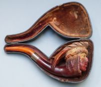 Large Native American Indian style Meerschaum pipe in original fitted case