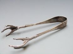 Victorian hallmarked silver ice tongs with bird claw grips, London 1879 maker Francis Higgins II,