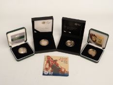 Four cased silver proof piedfort £2 coins commemorating historical events including 2011 King