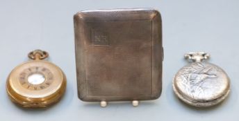 Hallmarked silver cigarette case, weight 70g, together with a gold plated keyless winding half