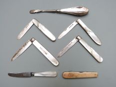 Four various hallmarked silver and mother of pearl folding fruit knives, one William IV, together