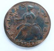 George II 1749 halfpenny, old head curaissed bust, with original lustre and some toning, VF-EF