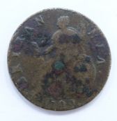 William III 1700 halfpenny, T over A in Britannia, F+ - near VF