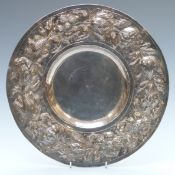 Charles II 18th century hallmarked silver charger with likely later Georgian or Victorian embossed