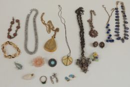 A collection of jewellery including rose quartz brooch, agate necklace, micro mosaic bracelet, paste
