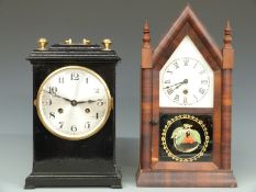 Late 19thC mantel clock in lacquered case with Arabic dial and two-train movement striking on a