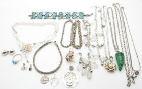A collection of silver jewellery including pendants, necklaces, chains etc