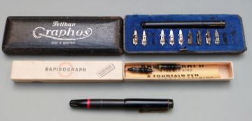 Gunther Wagner Pelikan Graphos architect's pen set with multiple nibs and a Rapidograph pen with