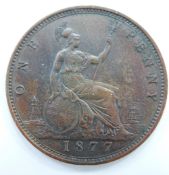 Queen Victoria 1877 bun head bronze penny, OT, signed to bust, toned EF
