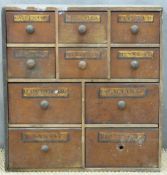 A 19thC pharmacy or apothecary chest of ten drawers with gilt names including Cetaceum, Manna FL
