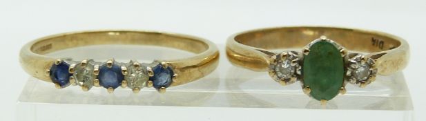A 9ct gold ring set with alternating sapphires and diamonds and a 9ct gold ring set with an