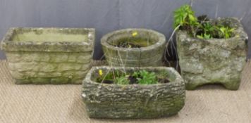 Four various garden planters comprising circular, rectangular, square and one formed as a log