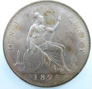 Queen Victoria 1875 bun head bronze penny, OT, toned obverse, lustrous reverse, signature to bust,