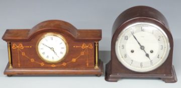 Smiths bakelite two train mantel clock and an inlaid clock, fitted with quartz movements
