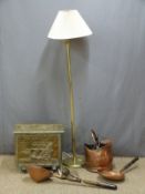 Copper and brassware including bucket, funnel, coal box, table lamp and standard lamp