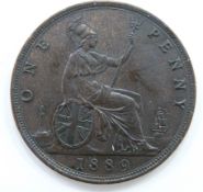 Queen Victoria 1889 bun head bronze penny, OT, toned, some lustre, EF