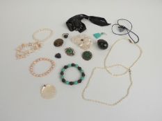 Three pearl bracelets, two mother of pearl necklaces, hardstone pendant, mother of pearl brooch,