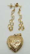A pair of 9ct gold earrings and a locket