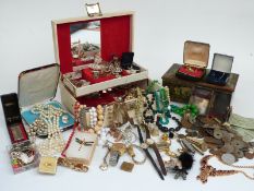 A collection of costume jewellery including Art Deco brooch, lucite brooch, watches, coins, silver