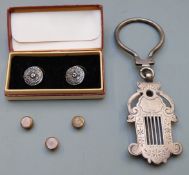 Austro Hungarian white metal keyring with classical style decoration, length 13cm, weight 47g