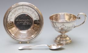 Austro-Hungarian white metal cup, saucer and teaspoon with indistinct 800 grade silver marks,
