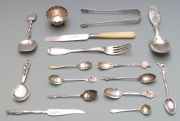 á collection of various hallmarked silver and white metal items including sugar tongs, salt etc.