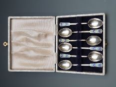 George V set of six Art Deco enamel Liberty style hallmarked silver tea spoons, Birmingham 1933