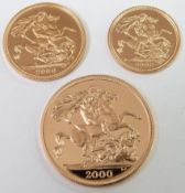 The Royal Mint 2000 United Kingdom gold proof three coin sovereign collection comprising a gold