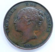 Queen Victoria 1857 copper penny, PT, close colon, EF - unc, toned with some lustre, small light die