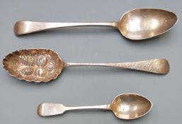 Three hallmarked silver spoons comprising Georgian table spoon, London 1806 makers mark IB, Edward