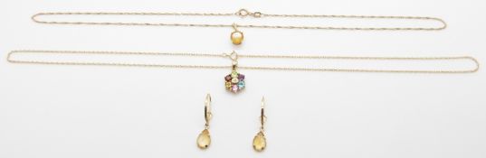 A 9ct gold necklace set with a garnet, topaz, amethyst, peridot, citrine and a diamond, a 9ct gold