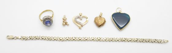 A silver ring, silver bracelet, rolled gold pendant, silver gilt pendant set with diamonds, etc