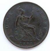 Queen Victoria 1891 bun head bronze penny, OT, dark tone, EF