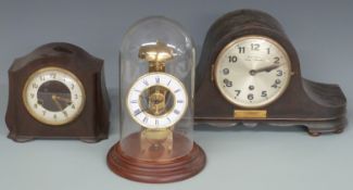 Skeleton clock under glass dome (30cm tall), Smiths bakelite clock and a three train mantel clock