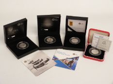 Four silver proof piedfort 50p coins including 7th Battle of Britain, Glasgow 2014 Commonwealth