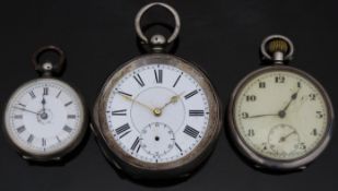 Three silver pocket watches comprising one keyless winding with subsidiary seconds dial and Arabic