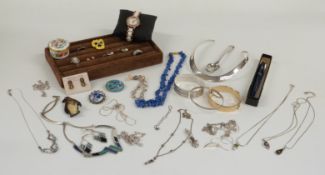 A collection of silver jewellery including rings, bracelet, earrings and necklace, a Waterman pen,