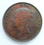 Queen Victoria 1857 copper penny, PT, close colon after DEF, unc, light die crack in field