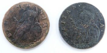 William III 1699 and 1700 halfpennies, F+ - VF