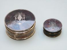 Two George V tortoiseshell pique work lidded hallmarked silver dressing table pots, London 1922