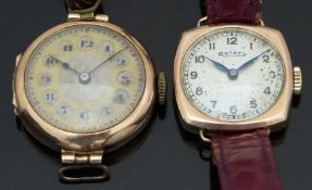 Two 9ct gold ladies wristwatches both with blued hands and black Arabic numerals, one Rotary on