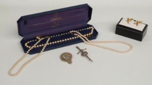 Two faux pearl necklaces, a Scottish brooch, military brooch and cufflinks