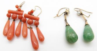 A pair of Victorian earrings set with a pearl and tear drop adventurine quartz drop and a pair of